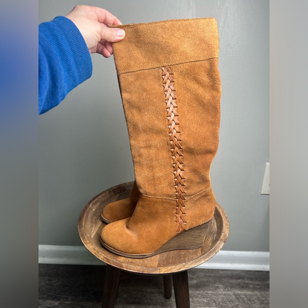 Lucky Brand Sanna Bombay Brown Suede Leather‎ Wedge Knee High Boots